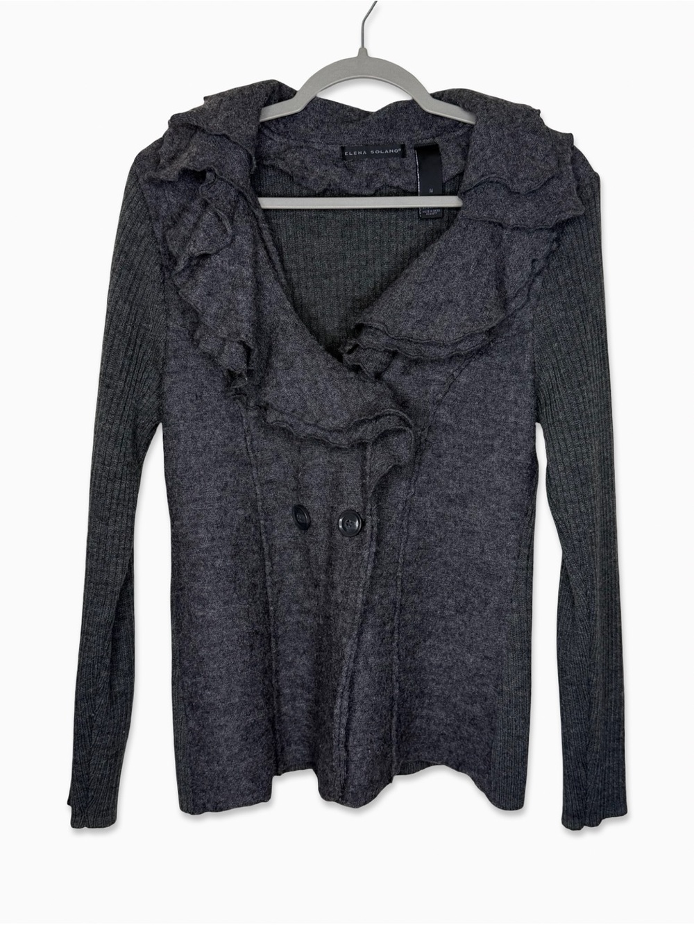Elena Solano M Charcoal Gray Ruffle-Front Button Cardigan